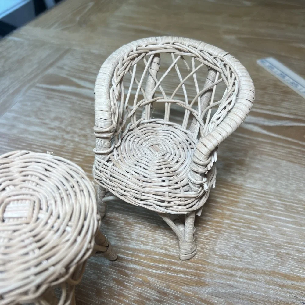 Vintage Set Wicker Rattan Patio Dollhouse Furniture: 2 Chairs & Table